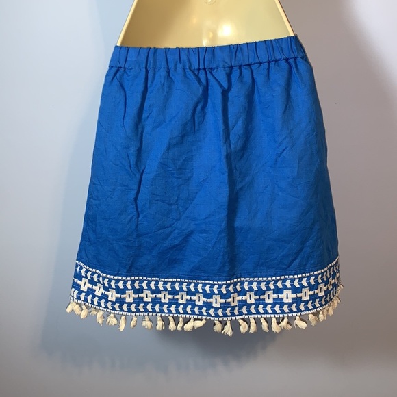 J CREW cobalt Blue mini Skirt White Embroidery and Tassels elastic waist xxs - Picture 2 of 4